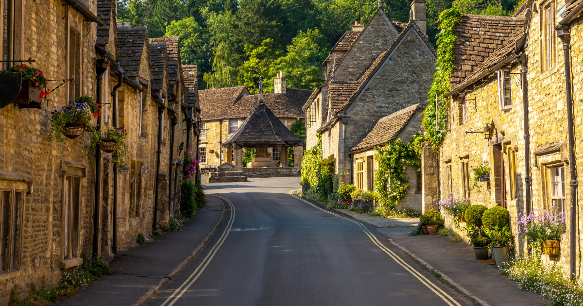 Village street with historic stone houses, a cobblestone road, climbing plants, and colourful flowers.